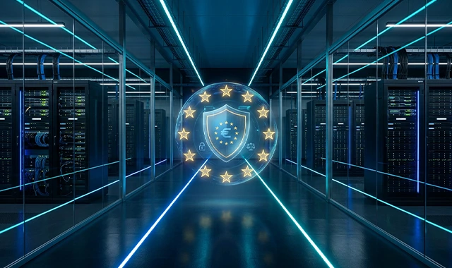Abstract futuristic representation of the European Union digital flag guarding data networks, illustrating technological sovereignty
