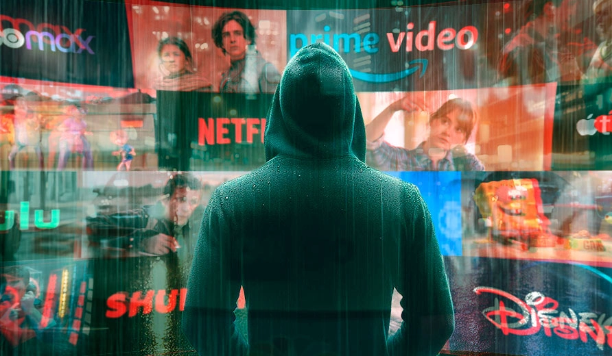 Representación abstracta de múltiples flujos de datos multimedia convergiendo en la pantalla de un dispositivo móvil, simbolizando la economía del streaming