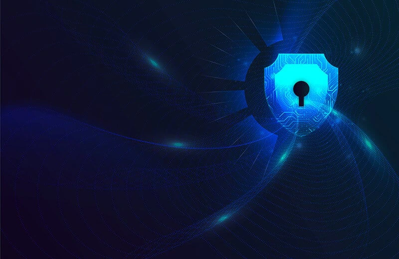 Escudo digital holográfico protegiendo un clúster de servidores de datos en red frente a flujos de código binario malicioso