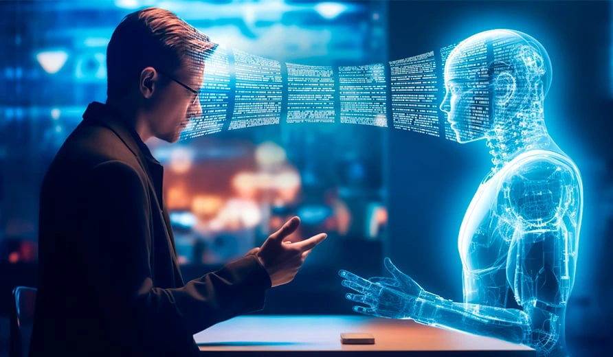 Representación abstracta de ondas de sonido digitales interactuando con una red de inteligencia artificial, simbolizando la interfaz de usuario por voz o VUI
