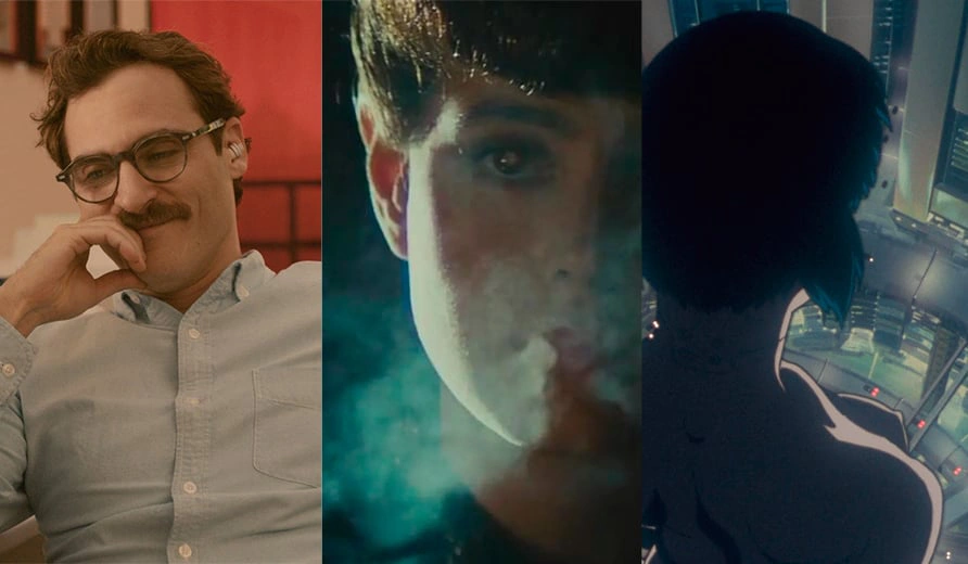 Montagem conceptual de rostos androides e elementos digitais abstratos, simbolizando a Inteligência Artificial no cinema de Hollywood
